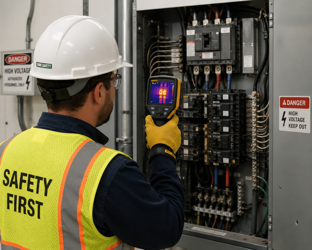 Safety professional wearing PPE uses an infrared camera to inspect an open electrical panel for heat issues.