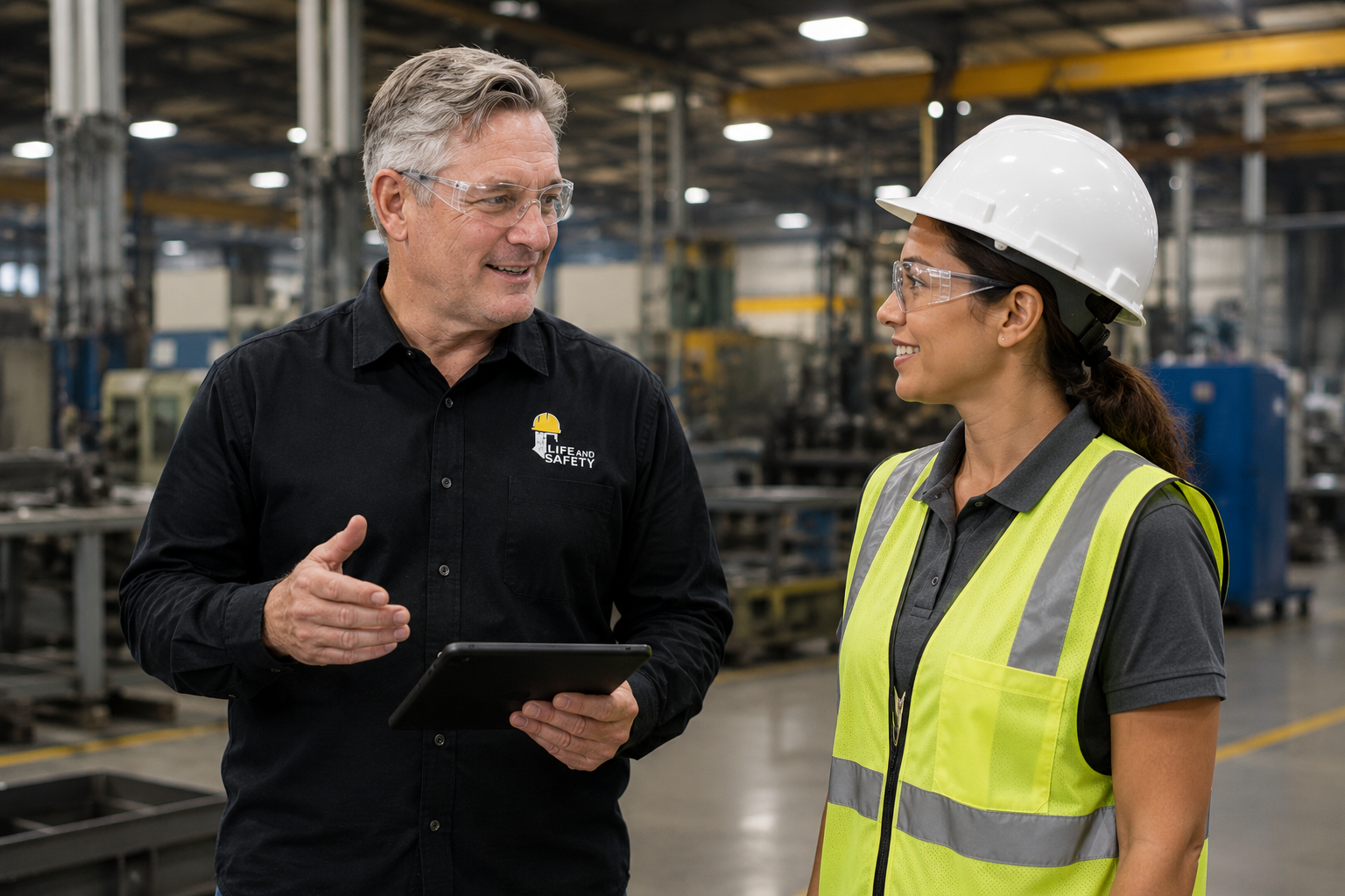 Life and Safety EHS professional conducting a safety assessment on the floor of a manufacturing facility