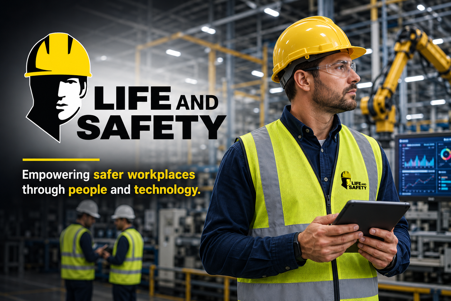 Construction worker in a yellow hard hat, representing Life and Safety's EHS consulting and online services