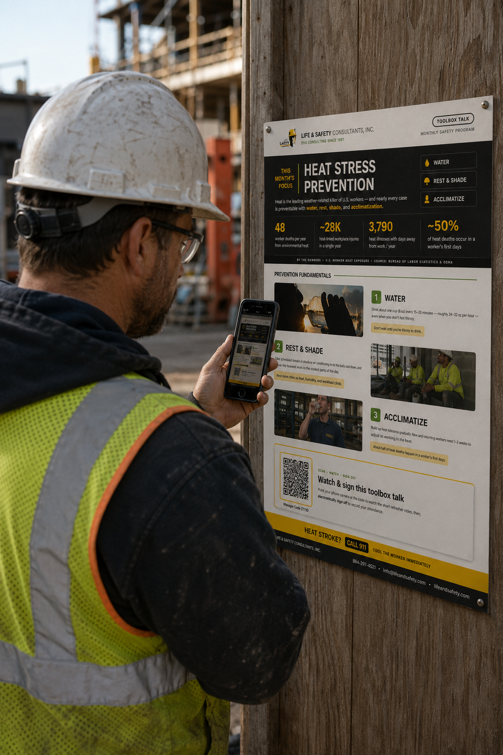 Worker scanning a QR code to watch the month's safety refresher video