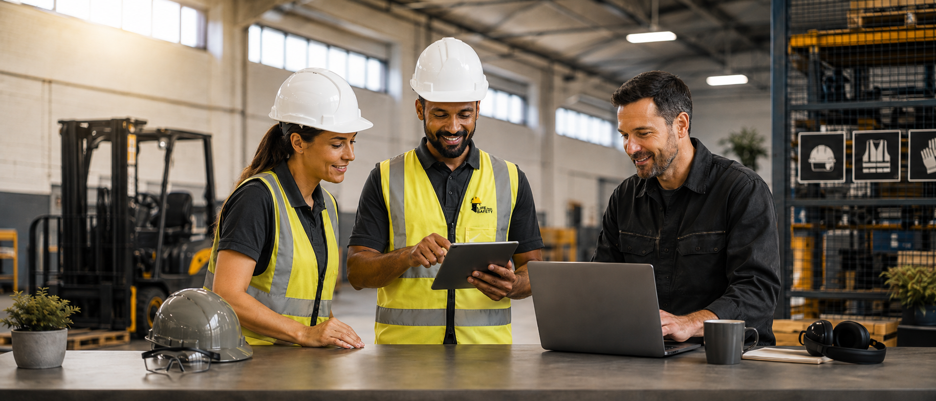Safety worker using digital safety e-tools on a tablet in an industrial workplace