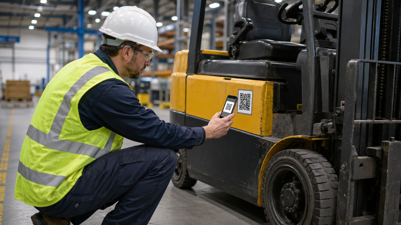 Worker scanning a QR code asset tag on a forklift to complete a safety inspection